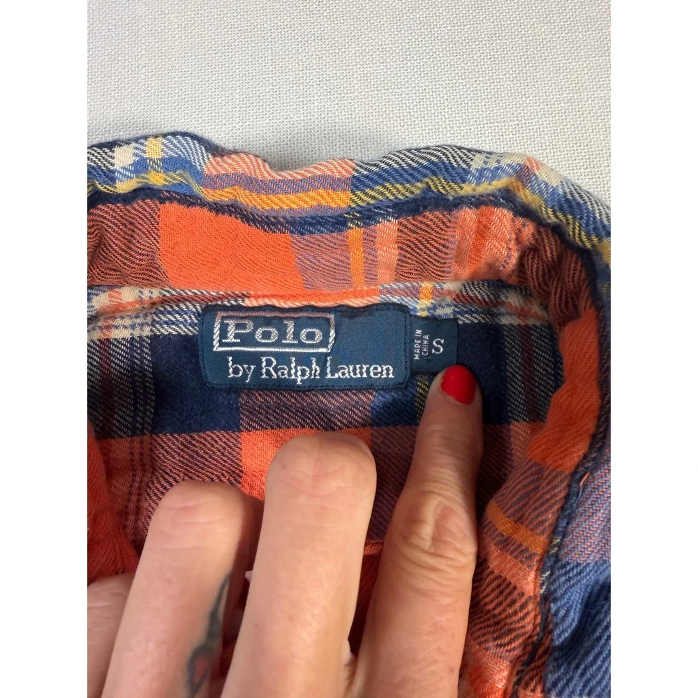 Polo Ralph Lauren Men Orange Blue Plaid Flannel Button Down Shirt Small Mountain